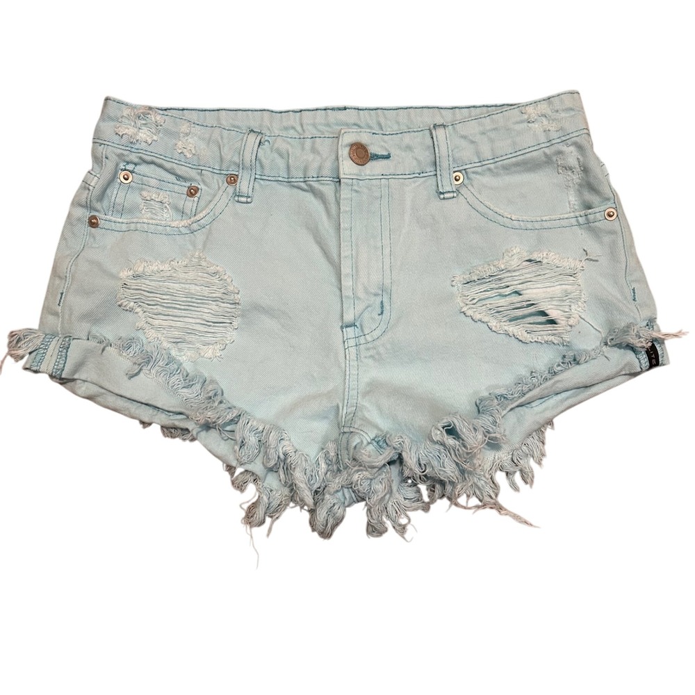 LITZ Light Blue Distressed Frayed‎ Denim Shorts High Rise Cut Off Small
